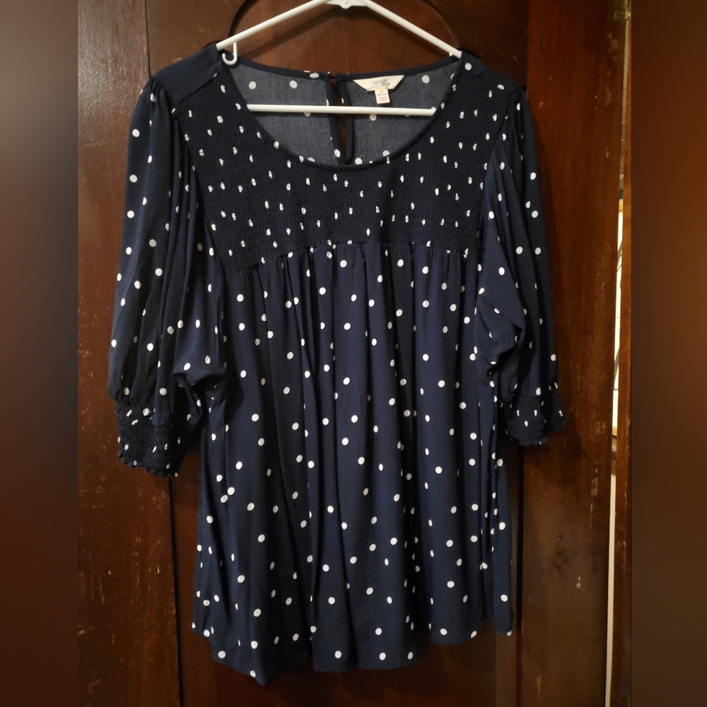 Terra & Sky Half Sleeve Blouse 1X 16W 18W Navy Blue with White Polka Dots